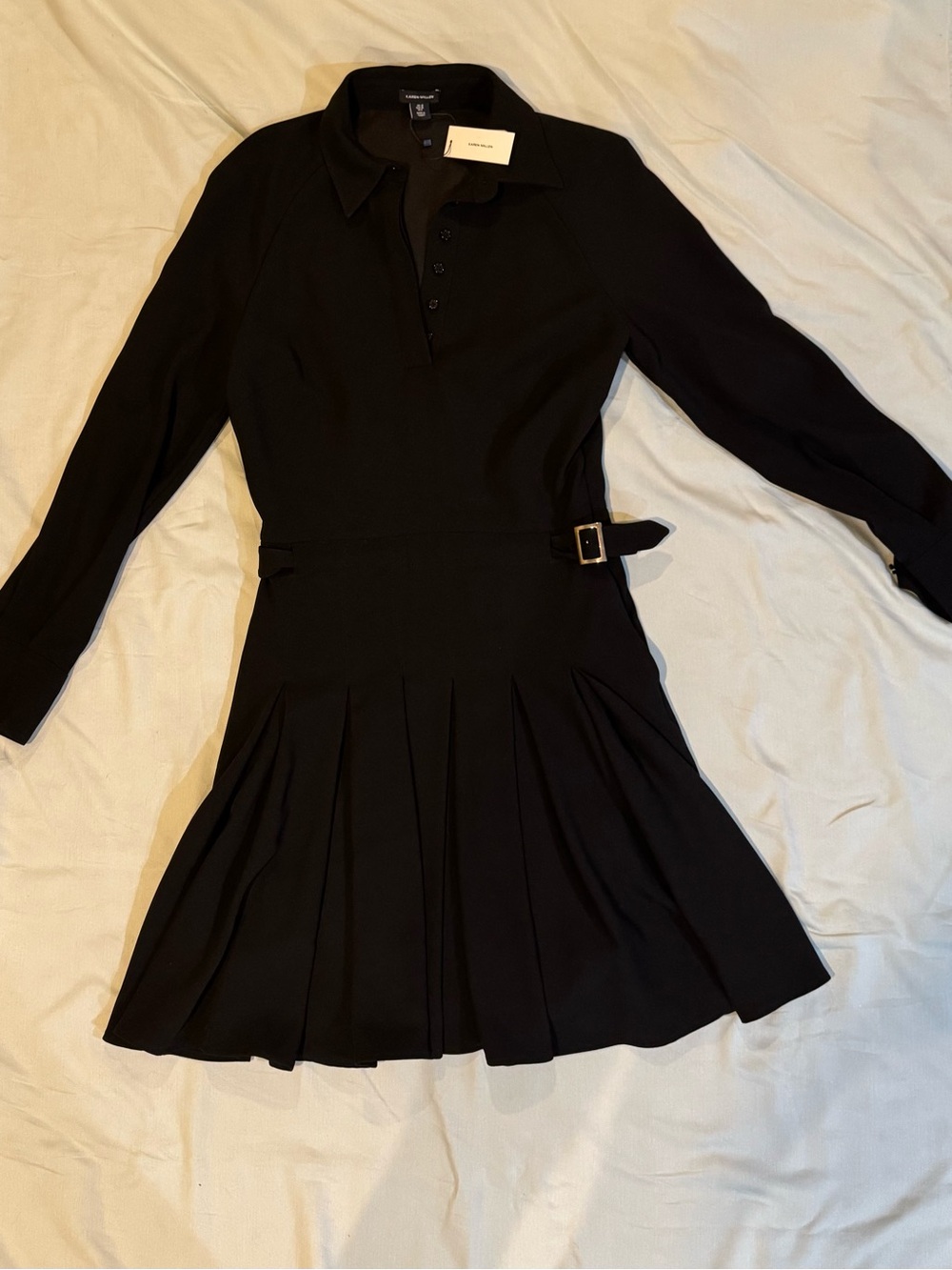 Karen Millen Black Long-Sleeve Polo Dress with Pleated Skirt